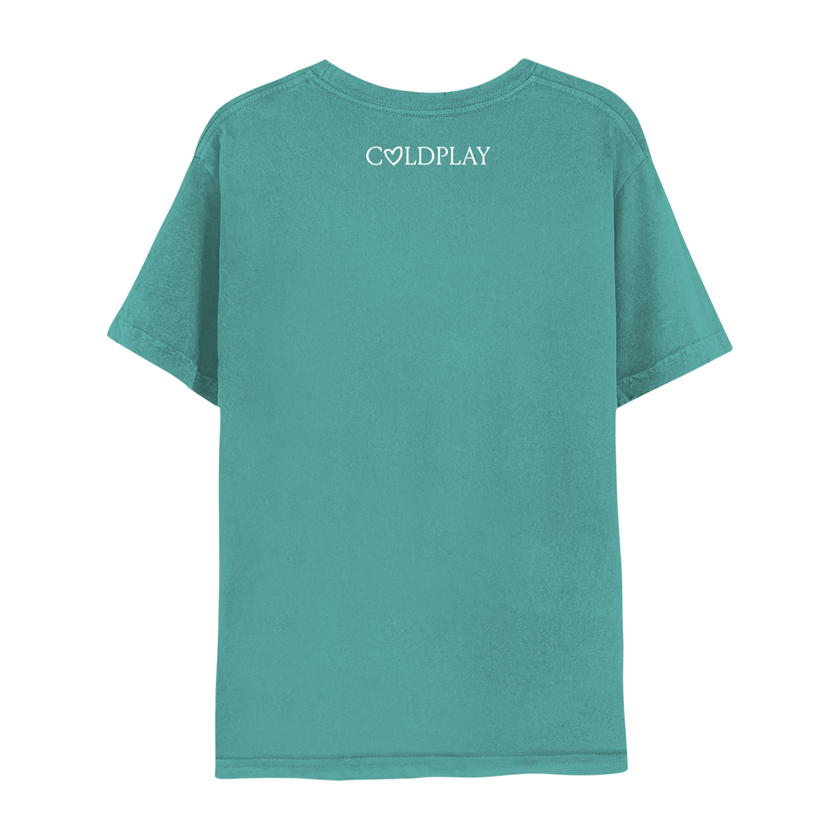 Back: COLDPLAY is printed in white below the neckline with a hand-drawn heart shape making the letter O; The text is in a serif style, with small lines or strokes attached to the ends of the letters.