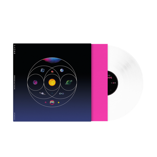 Vinyl, brightPinkSleeve&cover: 11planetsIn circles overlap likeVennDiagram: pink, blue, green&purpleNebula. GreenPlanet ofFlowers, turquoiseRivers&foliage💍RadiantGoldenSphere of solarFlares&fireOrangeLava. Planet of darkBlue, magenta&white oceanWaves. DeepBlue circuitBoardPlanet in silverCube.1of purple&indigoSwirls.1as aPurple, blue&green♾️Blue&purplePlanet. PinkSphere withOrangeCrater&greenMoon. BrightBlueOpal with💍&pink, blue, purple&greenPlanet with pink&yellowNeonMoons. CoverFades fromBlack toBlue