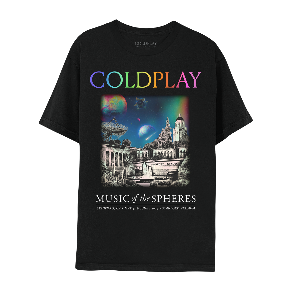 Front: The spheres,🌘&a rainbow arc on a starry night sky above city landmarks: Stanford University Hoover Tower, with observation deck, dome roof, 48-bell carillon&a concrete ball on top. Tanner⛲️The Dish, a huge radio antenna. El Palo Alto, a redwood sequoia tree. Arizona Garden of cacti&succulents. Rodin’s Thinker sculpture, at Cantor Arts Center: a man sits on a rock, chin on hand. A🤍♾️circle&🌈adorn the arches of Stanford Stadium gates. COLDPLAY text in neon colors. MUSIC OF THE SPHERES, dates&venue