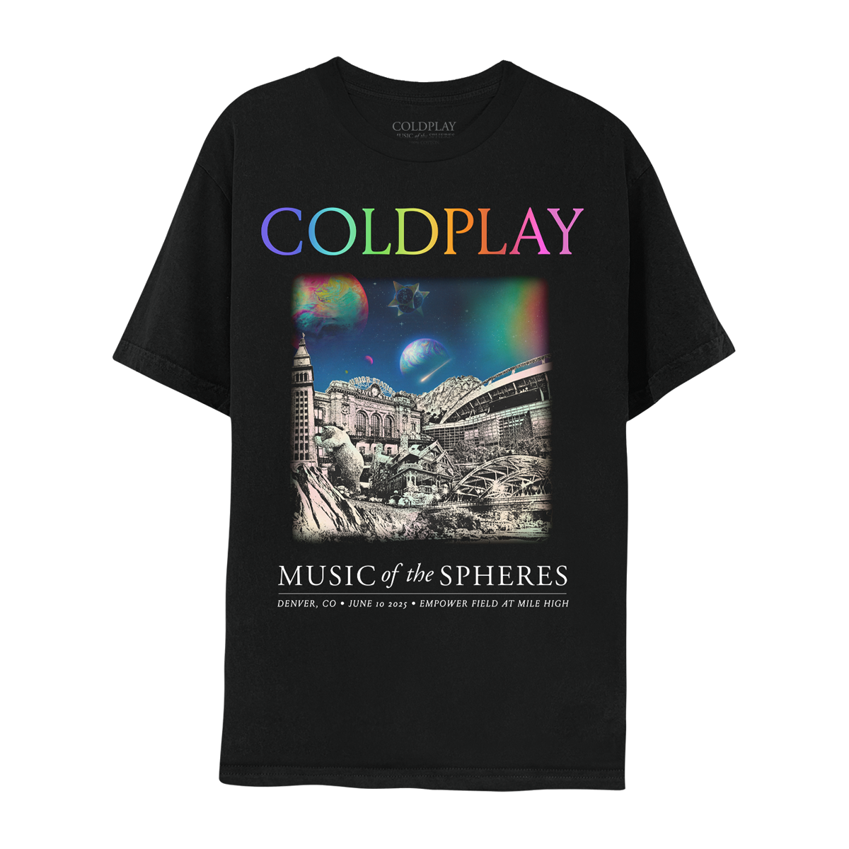 Front: The spheres,🌘&rainbow arc on a starry night sky above city landmarks: Sculpture of a big blue bear peaking into a Convention Center. Statue of2dancers in step forward. Daniels&Fisher tower with4clock faces&🔔Confluence Park&bridge, crossing South Platte River&Cherry Creek. Union Station’s shops, restaurants&train tracks. Molly Brown House Museum. Larimer Square&Empower Field at Mile High, with a🤍♾️circle&🌈Backdrop is trees&a rocky🏔️COLDPLAY written in neon colors. MUSIC OF THE SPHERES, date&venue