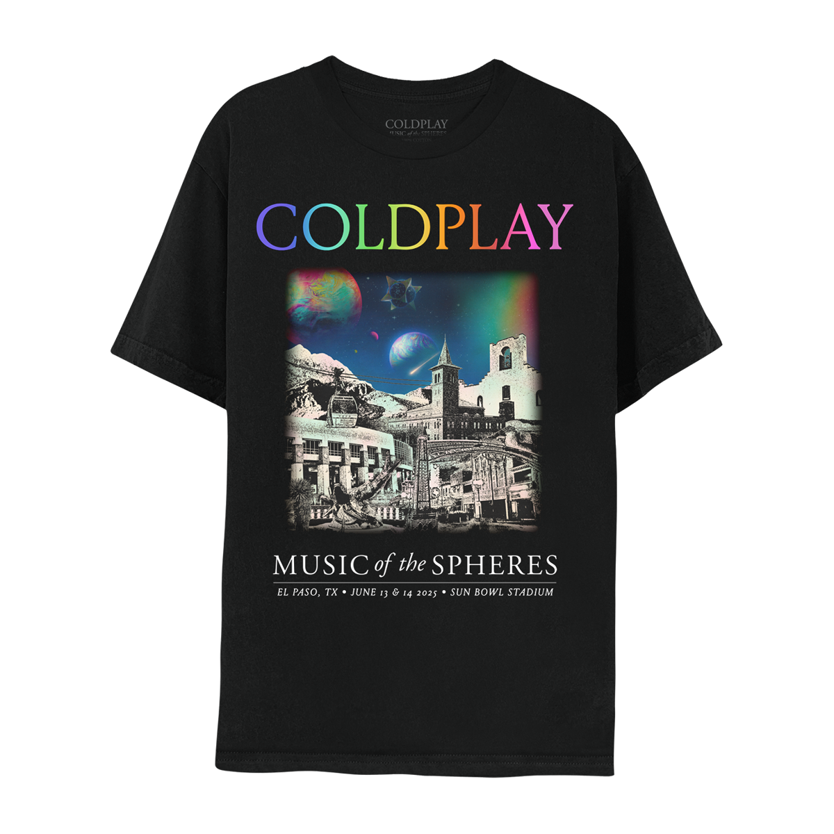 Front:The spheres,🌘&rainbow arc on a starry night sky above city landmarks: El Paso Street’s open air shops&restaurants. Socorro Mission on Mission Trail, a9mile path linking2of the oldest missions&a presidio chapel. San Jacinto Plaza with alligators statue, signifying original living creatures. Chihuahuan Desert Gardens, Union Depot, Sun Bowl🏟️&Franklin Mountains Park, with plants, a lookout&cable🚗with gondolas. A🤍♾️circle&🌈adorn the🚡COLDPLAY written in neon colors. MUSIC OF THE SPHERES, dates&venue