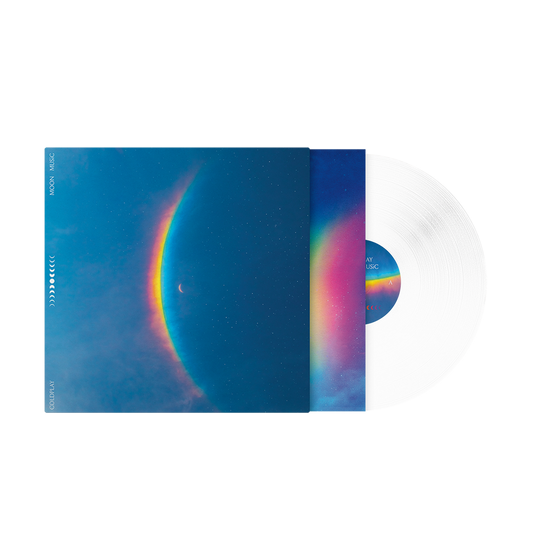 Vinyl record&sleeve. The artwork features a crescent moon in the center, with a large, arced rainbow light dispersion to the left. The colors created by the light dispersion flow from red to orange, yellow, green, light&dark blue, on a blue sky filled with stars. In white, Moon Music&Coldplay are written. An11face moon cycle is arranged vertically from🌒to🌕in the center, back to🌘The record center label mirrors the artwork colors, in a radiant spectrum of blue, pink, purple, yellow&green shades.