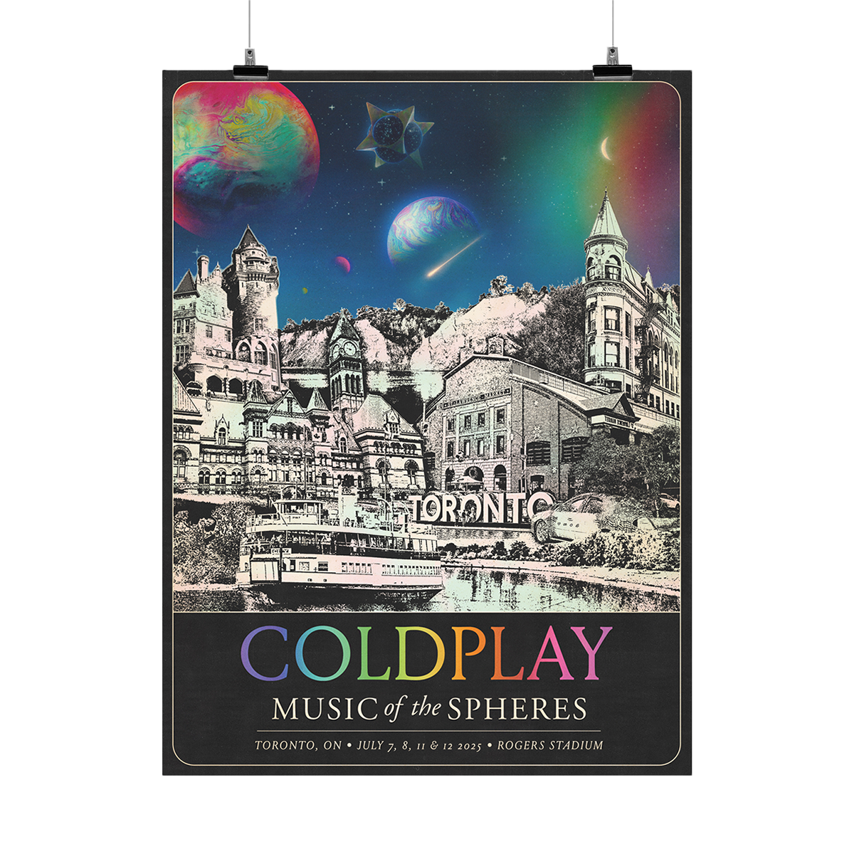 The spheres,🌘&a rainbow arc on a starry night sky above city landmarks: Gothic Casa Loma Castle&gardens. Old city hall with Roman columns&a clock tower, it has4stone gargoyles&human face carvings. Gooderham🏢, Scarborough Bluffs parks&beach. Toronto Island⛴️Rogers🏟️St Lawrence&Kensington Markets. A🤍♾️○&🌈adorn the garden🚗a vehicle turned a lush, colorful planter. COLDPLAY written in neon colors. MUSIC OF THE SPHERES, dates&venue