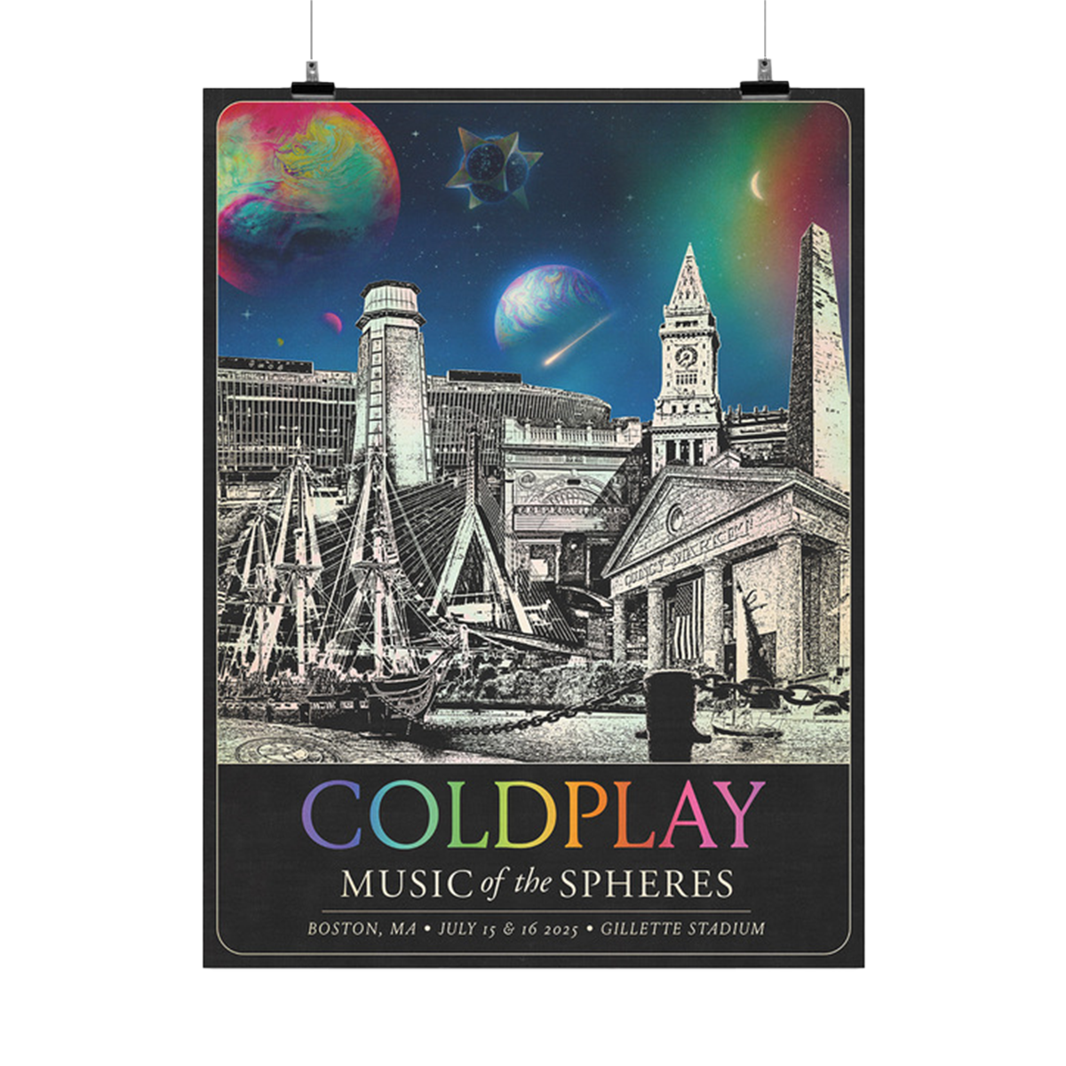 The spheres,🌘&rainbow arc on a starry night sky above city landmarks: Boston waterfront. Old North⛪️with8bells. Custom House Tower has a clock, balcony, &white marble rotunda under a dome. Orpheum Theatre. USS Constitution🚢 P. Zakim Memorial Bridge, &Bunker Hill Monument with stairs. Quincy Market made of granite, &Faneuil Hall with a gold grasshopper on top, showing the wind’s direction. A🤍♾️○&🌈adorn Gillette🏟️COLDPLAY written in neon colors. MUSIC OF THE SPHERES, dates & venue