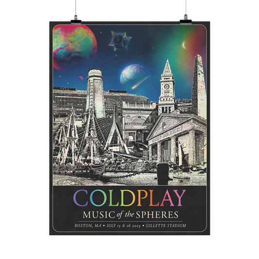 The spheres,🌘&rainbow arc on a starry night sky above city landmarks: Boston waterfront. Old North⛪️with8bells. Custom House Tower has a clock, balcony, &white marble rotunda under a dome. Orpheum Theatre. USS Constitution🚢 P. Zakim Memorial Bridge, &Bunker Hill Monument with stairs. Quincy Market made of granite, &Faneuil Hall with a gold grasshopper on top, showing the wind’s direction. A🤍♾️○&🌈adorn Gillette🏟️COLDPLAY written in neon colors. MUSIC OF THE SPHERES, dates & venue