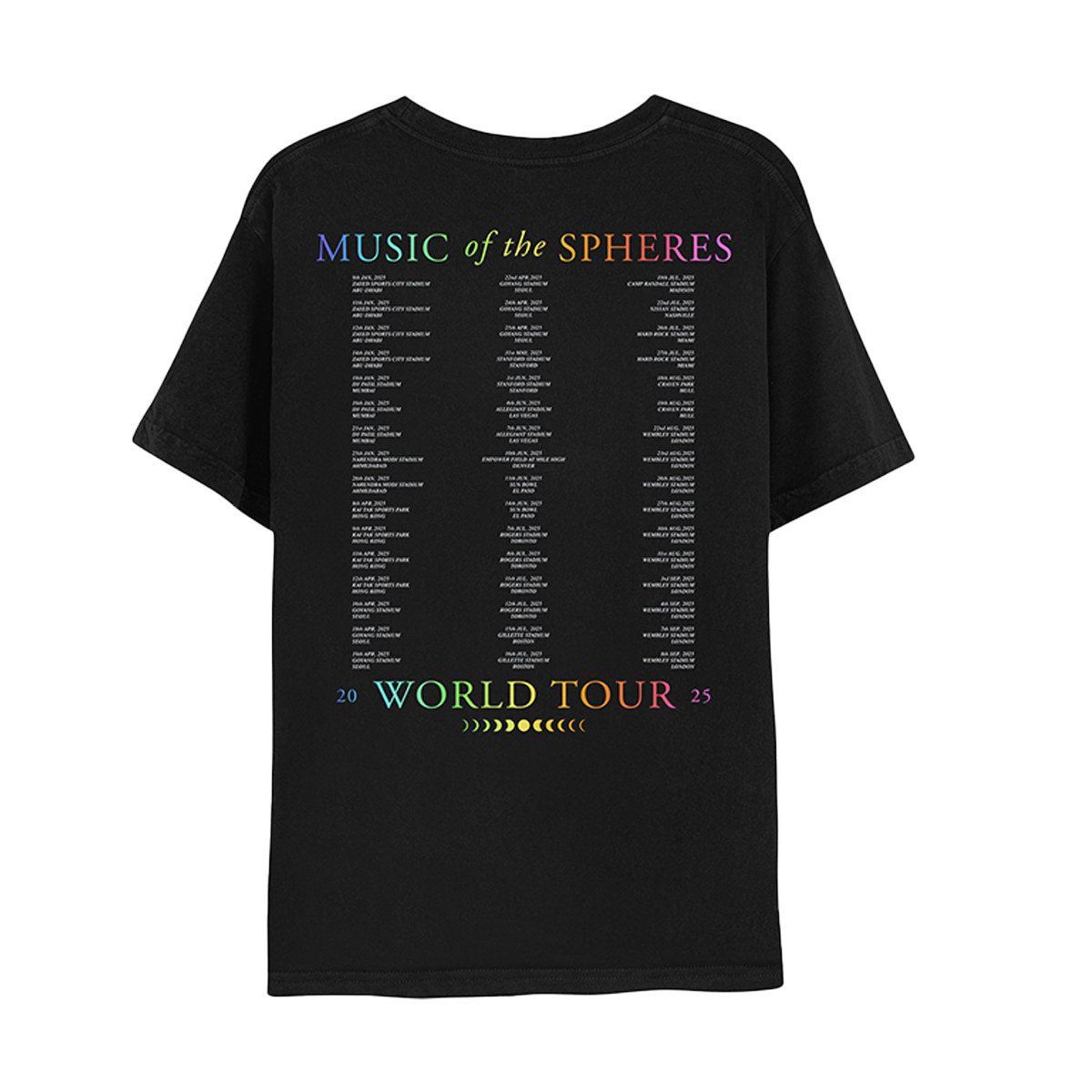 Back: MUSIC OF THE SPHERES and 2025 tour dates, cities and stadiums, in a neon colors gradient of violet, blue, green, yellow, orange, and pink fuchsia. WORLD TOUR 2025, in violet, blue, green, yellow, orange, and pink fuchsia. The dates go from January to September, organized in 3 columns.