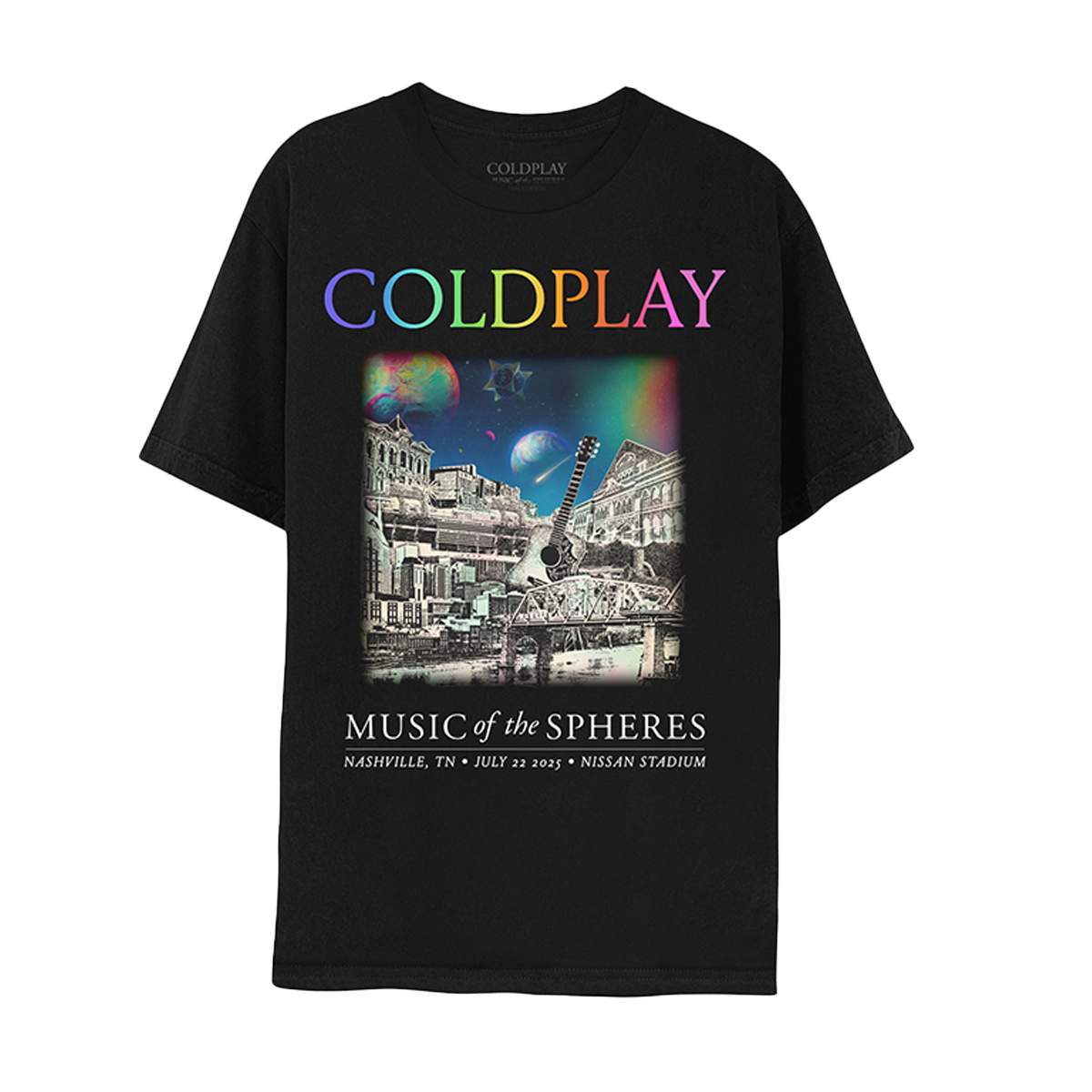 Front: The spheres,🌘&rainbow arc on a starry night sky above city landmarks: Ryman Auditorium, built as a tabernacle with oak church pews. A sculpture of a🎸outside of the Grand Ole Opry House. Music Row, an industry district of recording studios (like RCA&Columbia), labels (Capitol&Deca),&publishers (ASCAP&BMI). Shelby Street Bridge through the Cumberland River, providing skyline views. A🤍♾️○&🌈adorn the facade of Nissan🏟️COLDPLAY written in neon colors. MUSIC OF THE SPHERES, date&venue