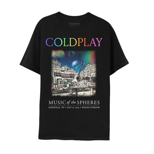 Front: The spheres,🌘&rainbow arc on a starry night sky above city landmarks: Ryman Auditorium, built as a tabernacle with oak church pews. A sculpture of a🎸outside of the Grand Ole Opry House. Music Row, an industry district of recording studios (like RCA&Columbia), labels (Capitol&Deca),&publishers (ASCAP&BMI). Shelby Street Bridge through the Cumberland River, providing skyline views. A🤍♾️○&🌈adorn the facade of Nissan🏟️COLDPLAY written in neon colors. MUSIC OF THE SPHERES, date&venue