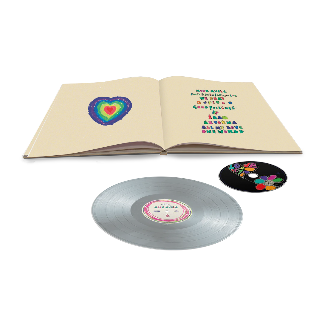 Vinyl¬ebook, with rainbow heart design, hand-drawn. From the center it expands outward in heart’ shaped layers making a spiral. Inward is a❤️going outward there’s a💛💚💙💜&darker purple heart on the outer edge. Written is the track list: Moon Music, Feelslikeimfallinginlove, We Pray, Jupiter, Good Feelings,🌈 iaam, Aeterna, All My Love&One World. The letters have black outlines, and are filled in with colors of the🌈The vinyl has red, pink, yellow, green, light blue, purple&dark blue concentric circles