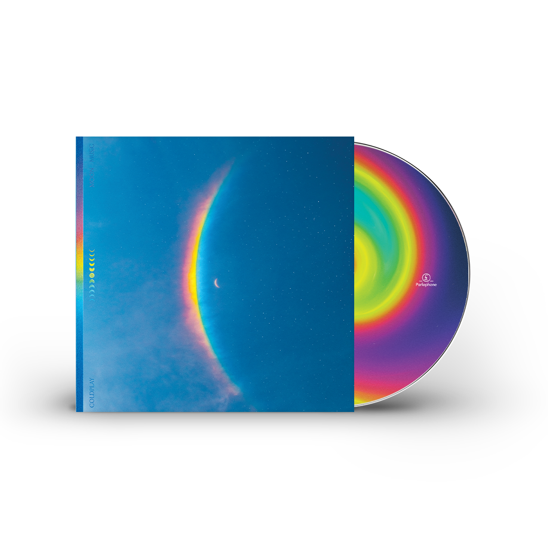 2: CD case: The artwork features a centered🌘with a large, arced rainbow light dispersion to the left. The colors flow from red to orange, yellow, green, light&dark blue, on a blue night sky filled with stars. An11face moon cycle is arranged vertically, from🌒to full moon in the center, back to🌘Moon Music&Coldplay are written in light blue on the left. A Parlophone Records logo is also visible. On the disc itself, the center label has a radiant spiral, drawn with blue, pink, purple, yellow&green shades.