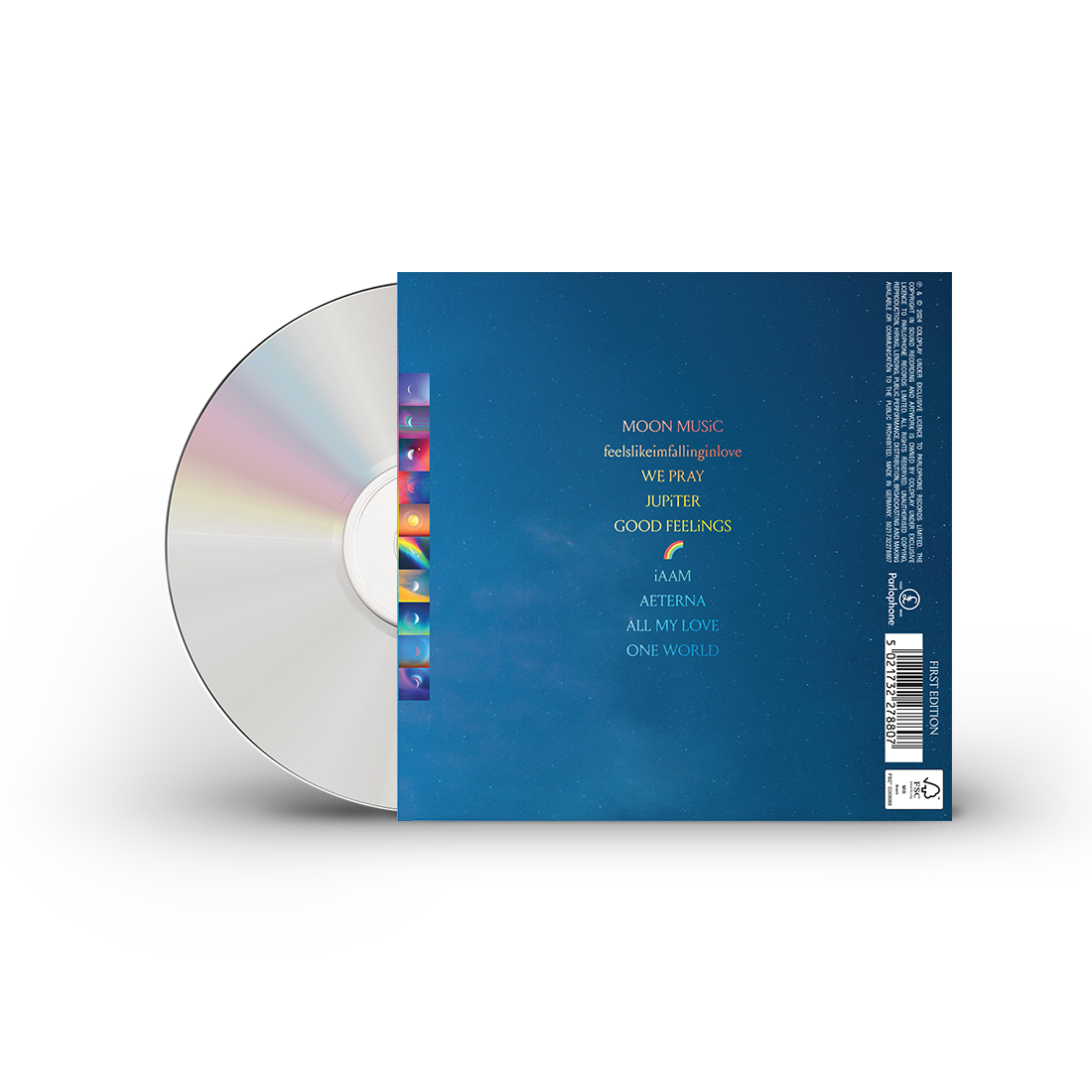 3: Back of CD case, with track list on a deep blue starry sky . Each track is a different color gradient: Moon Music, feelslikeimfallinginlove&We Pray are in yellows&pinks. Jupiter and Good Feelings are in yellows,🌈appears as seen in the emoji, iAAM, Aeterna, All My Love&One World are in lighter&darker blues. A vertical strip has mirrored moon cycle paintings, on changing backgrounds of all colors of the🌈&the world in orange shades with a yellow☀️in a white circle;1moon gives off colorful trails of light