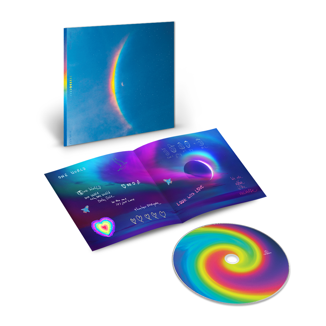1: The cover shows a centered🌘with a large, arced rainbow light dispersion to the left. Colors flow from red to orange, yellow, green, light&dark blue on a starry night sky. The CD center is a spiral of blues, pinks, purples, yellows&greens. A hand-written lyric booklet is on the One World page, in blue, purple&pink. It reads:LOOK WITH LOVE,WE ARE ALL ONE IN THE UNIVERSE. We see cartoon faces of all band members, stars, rocket ships, a distant planet, a dove♥1large in colors of a🌈others white&small
