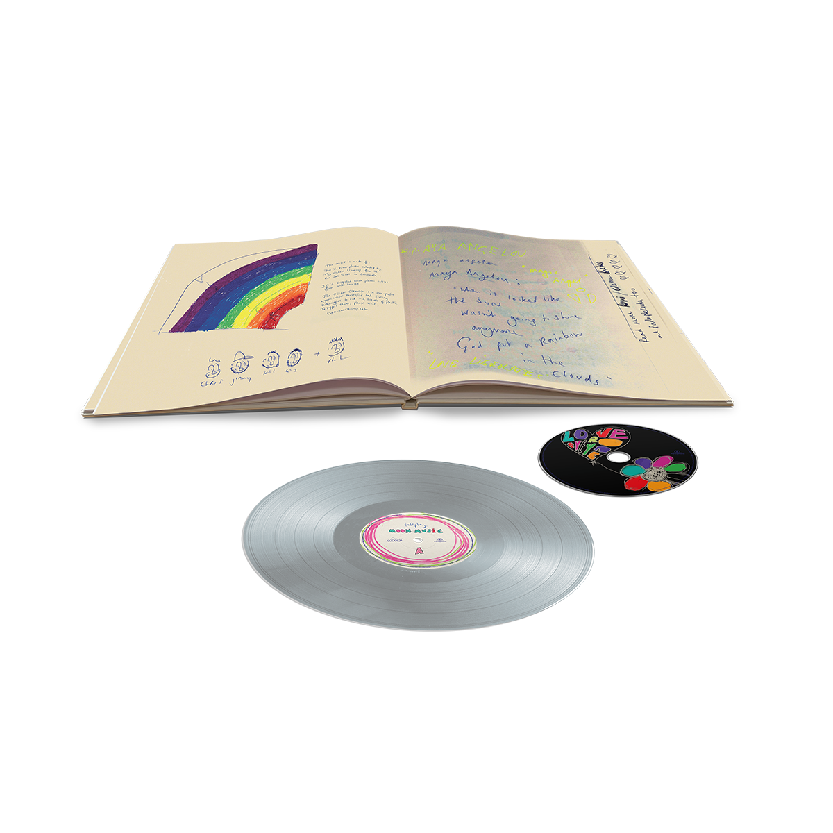 1: Moon Music vinyl¬ebook, with playful cartoon faces of Chris, Will, Jonny, Guy and Phil underneath the drawing of a🌈on a cream-colored page. Jonny wears a cap. The words the sun is going to shine, God put a rainbow in the clouds, good feelings and Maya Angelou in green are visible. Pages are adorned with hearts.
