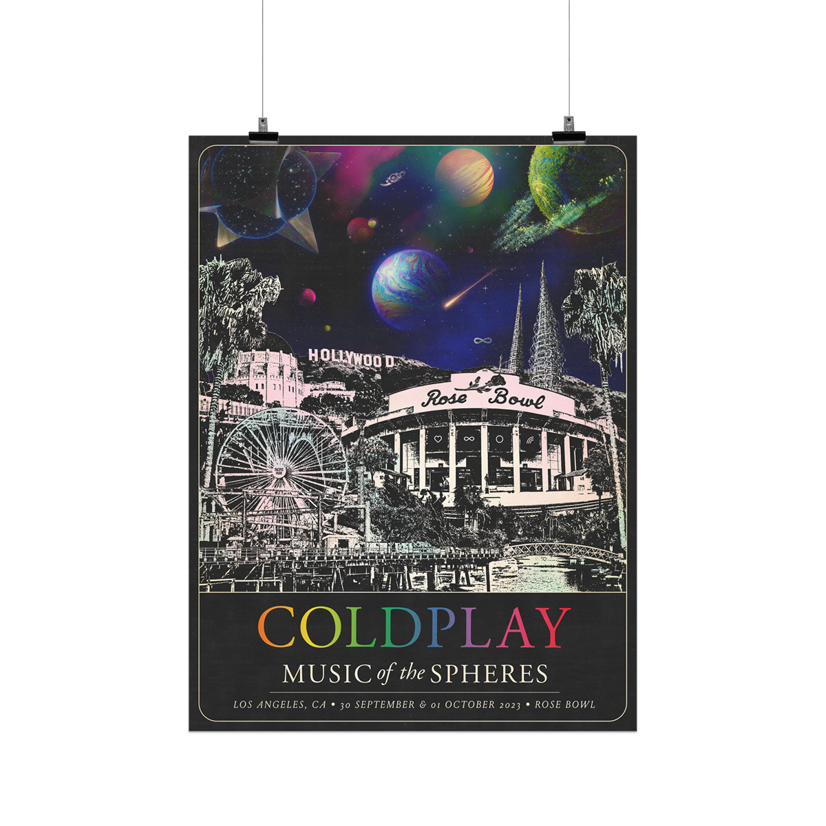 1: The spheres,🌘&a rainbow arc on a starry night sky above city landmarks: The Hollywood Sign. The Pacific Park Ferris Wheel, Santa Monica Pier. The Griffith Observatory, and palm trees. A🤍♾️circle&🌈adorn the Rose Bowl Stadium. COLDPLAY written in neon rainbow colors. MUSIC OF THE SPHERES, dates&venue