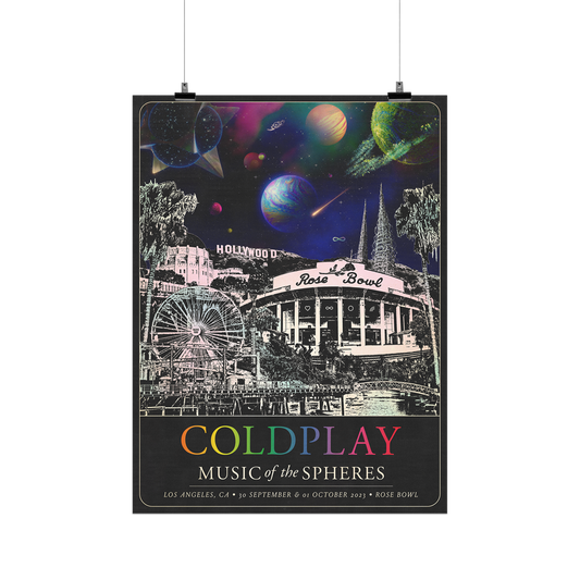 The spheres,🌘&a rainbow arc on a starry night sky above city landmarks: The Hollywood Sign. The Pacific Park Ferris Wheel, Santa Monica Pier. The Griffith Observatory, and palm trees. A🤍♾️circle&🌈adorn the Rose Bowl Stadium. COLDPLAY written in neon rainbow colors. MUSIC OF THE SPHERES, dates&venue