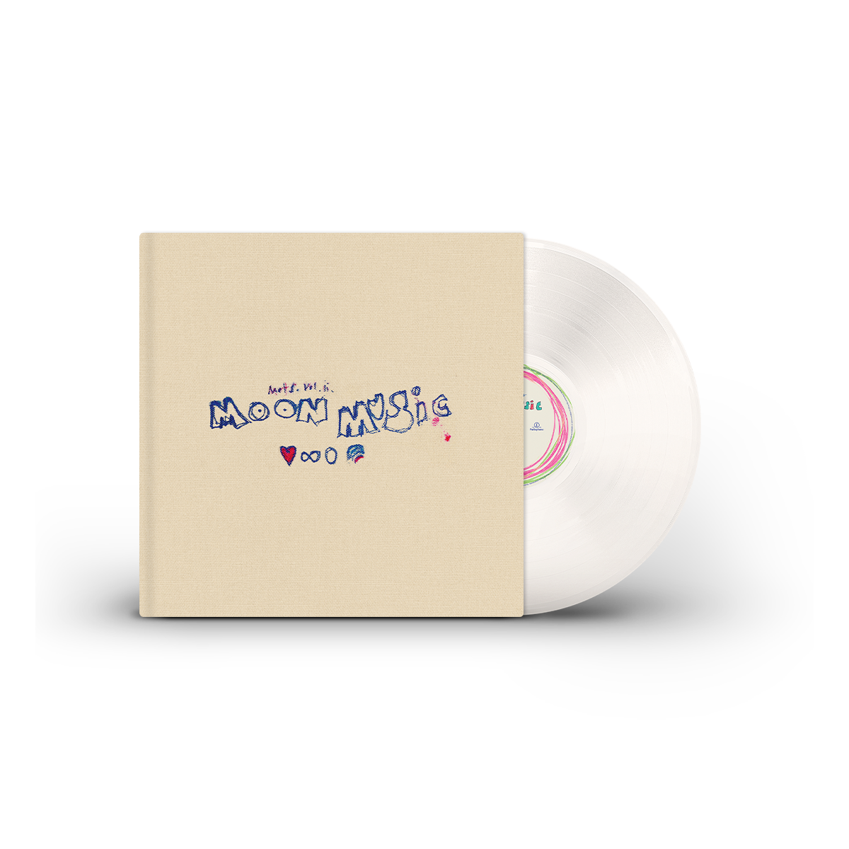 3: Silver vinyl peaking out of beige cover. The front reads “Moon Music” in blue ink; there’s a red heart, a rainbow&an infinity sign. The LP has pink, yellow&blue paint splashes, and a jigsaw🧩with a Parlophone logo, both in orange.