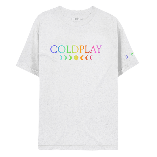 Front:  COLDPLAY printed in a rainbow gradient. C is purple, O is light blue, L is green, D is green to yellow, P is orange, L is dark orange, A is bright pink, and Y is a muted pink. A 7-phase moon cycle sits below in the same color gradient. A purple heart, green infinity sign, orange circle, and pink rainbow adorn the left sleeve.