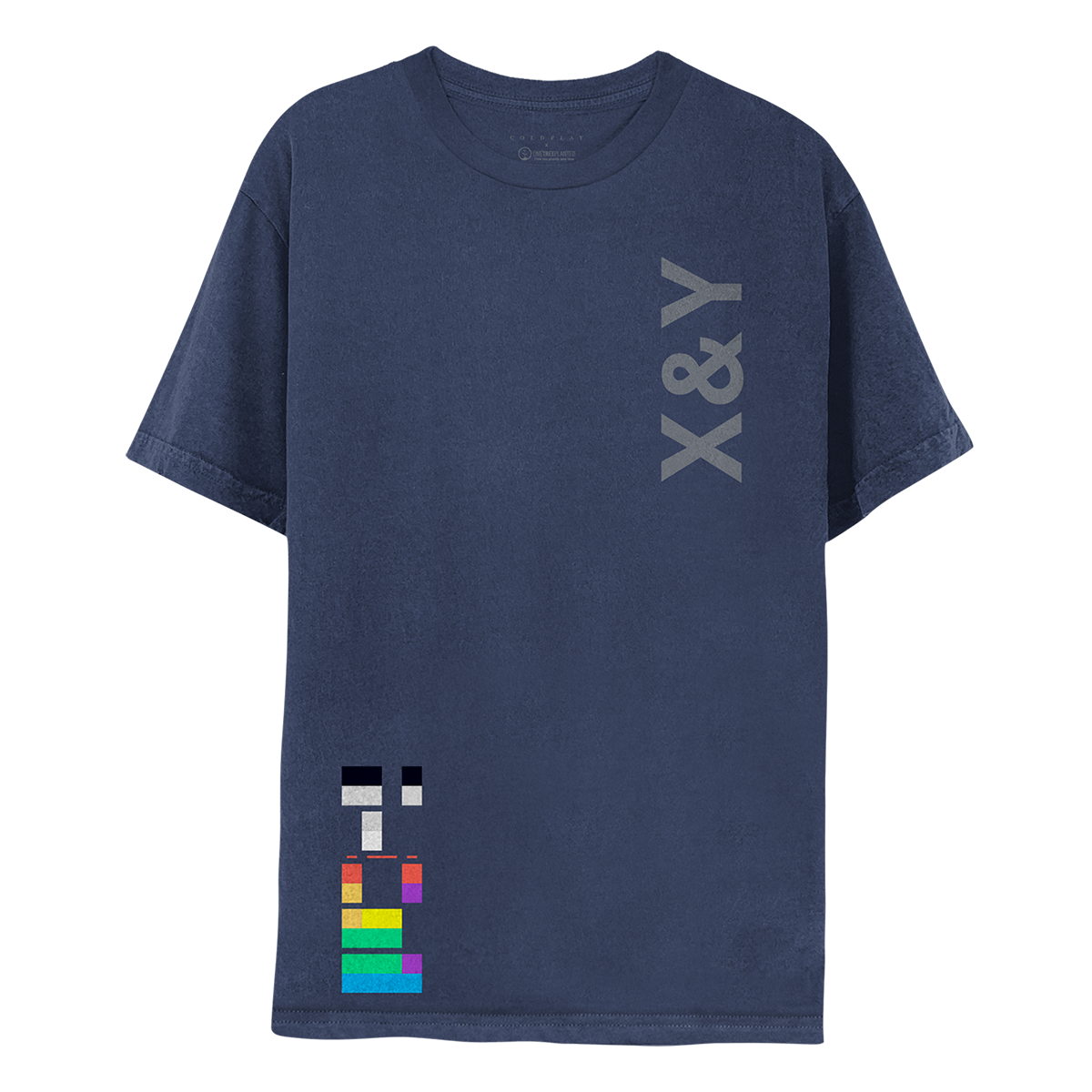 Front: X&Y vertically printed in grey on the left of the chest. On the bottom right, multicolored blocks like a puzzle of domino pieces signify binary code. A square means 1; a gap 0. When decoded, the squares read X&Y. Colors of the blocks include red, orange, green, white, blue, black, gray, yellow and violet. The shirt is a faded navy.