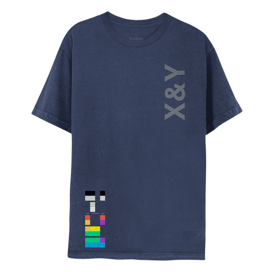 Front: X&Y vertically printed in grey on the left of the chest. On the bottom right, multicolored blocks like a puzzle of domino pieces signify binary code. A square means 1; a gap 0. When decoded, the squares read X&Y. Colors of the blocks include red, orange, green, white, blue, black, gray, yellow and violet. The shirt is a faded navy.
