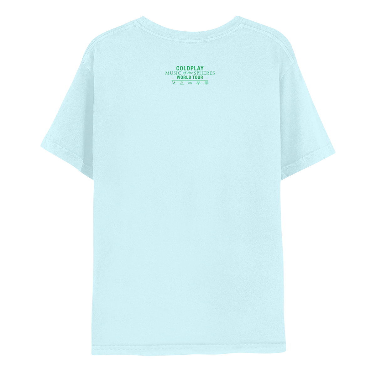 Back: COLDPLAY MUSIC of the SPHERES WORLD TOUR and symbols in green: sparkles like 3 tiny stars, a triangle with a horizontal line through it, means air in alchemy, an infinity sign, an atom with 3 elliptical orbits and electrons revolving around a nucleus, and a spiral as a cyclone.