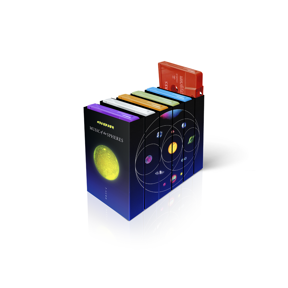 All6cassette boxes are joinedTogether. WhenTheSpinesArePlaced nextToEachOther, they form the entire map of the spheres, with the11planets&moons depicted in the Music Of The Spheres Album cover. Each cassette box also has MUSIC OF THE SPHERES&the era symbols,✨triangle with line in the middle,♾️⚛️&spiral like a🌀in white. The angle of this image doesn’t highlight the individual planets on each box. Instead, it shows that when you join the6spines, it is like if you had assembled the6pieces of a puzzle
