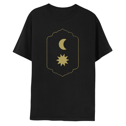 Front: Shows a golden crescent moon on top, above a gold star with sharp, elongated points radiating outwards like a sun. The celestial bodies are in a rounded rectangle, with a pointy top and bottom, sides slightly curved inward. This border is a flowing shape, with slight peaks, like a medieval shield decor. The shirt is black