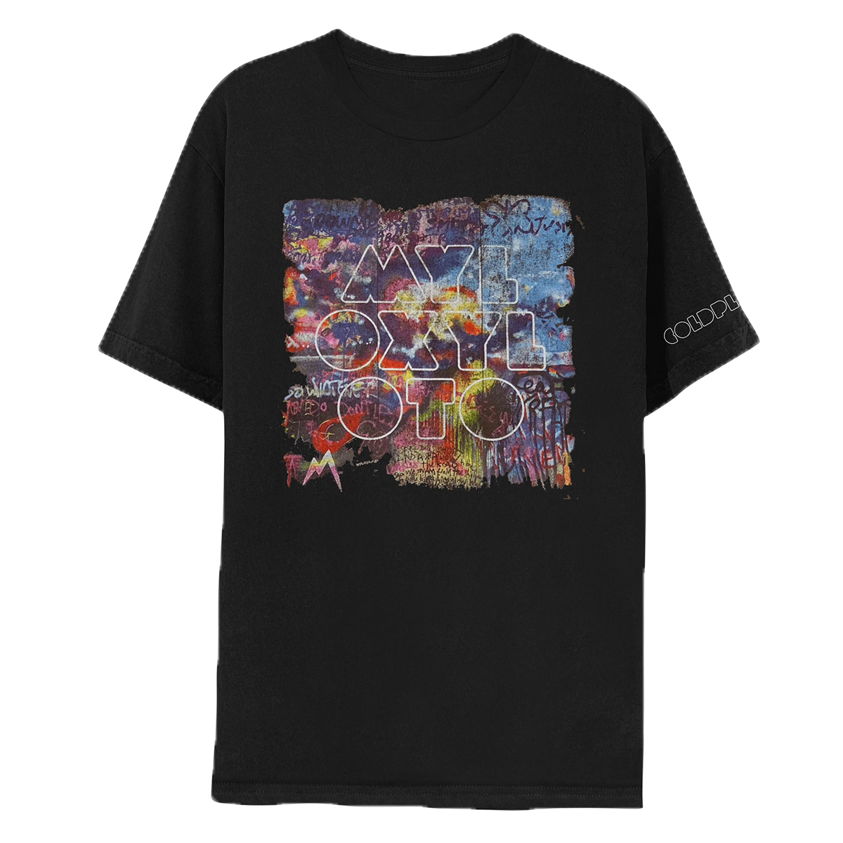 1: Front: a graffiti wall of dark green, neon yellow, red, blue, purple&beige patches on a black tee. A cloud-like collection of white, yellow, orange, bright pink&magenta looks like a heart had once been there. On a light blue splotch is the outline of a butterfly in dark blue. We see a light pink&dark blue section, with white behind it, Rainbow-colored blobs, but duller. White stripes. A dark red👁️like a teardrop. A letter M, like a⛰️in light blue, yellow&pink. MYLO XYLOTO in silver-outline spray letters