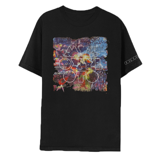 Front: a graffiti wall of dark green, neon yellow, red, blue, purple&beige patches on a black tee. A cloud-like collection of white, yellow, orange, bright pink&magenta looks like a heart had once been there. On a light blue splotch is the outline of a butterfly in dark blue. We see a light pink&dark blue section, with white behind it, Rainbow-colored blobs, but duller. White stripes. A dark red👁️like a teardrop. A letter M, like a⛰️in light blue, yellow&pink. MYLO XYLOTO in silver-outline spray letters