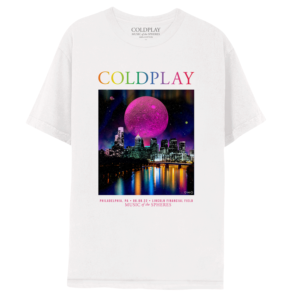 1: Front: a largePinkNeonMoon glowsInANightSky, with a yellowNeonMoon,&aPink&orangePlanet, aboveCityLandmarks: 1LibertyPlace,&itsShorterSibling, 2LibertyPlace: 2TallSkyscrapersWith a glassDome, roundAtrium flankedByColumns,&facadesOfGlass&granite, inGray, silver&metallicBlue. ComcastCenterWith a glassCurtainWall, winter garden, plaza&a⛲️BNYMellonCenter,&FMCTower viewingIntoThe Schuylkill River, whichReflectsThe GlowingBuildingLights. COLDPLAYWritten in neonColorsOfThe🌈MUSIC OF THE SPHERES, date&venue