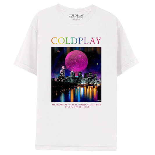 Front: a largePinkNeonMoon glowsInANightSky, with a yellowNeonMoon,&aPink&orangePlanet, aboveCityLandmarks: 1LibertyPlace,&itsShorterSibling, 2LibertyPlace: 2TallSkyscrapersWith a glassDome, roundAtrium flankedByColumns,&facadesOfGlass&granite, inGray, silver&metallicBlue. ComcastCenterWith a glassCurtainWall, winter garden, plaza&a⛲️BNYMellonCenter,&FMCTower viewingIntoThe Schuylkill River, whichReflectsThe GlowingBuildingLights. COLDPLAYWritten in neonColorsOfThe🌈MUSIC OF THE SPHERES, date&venue