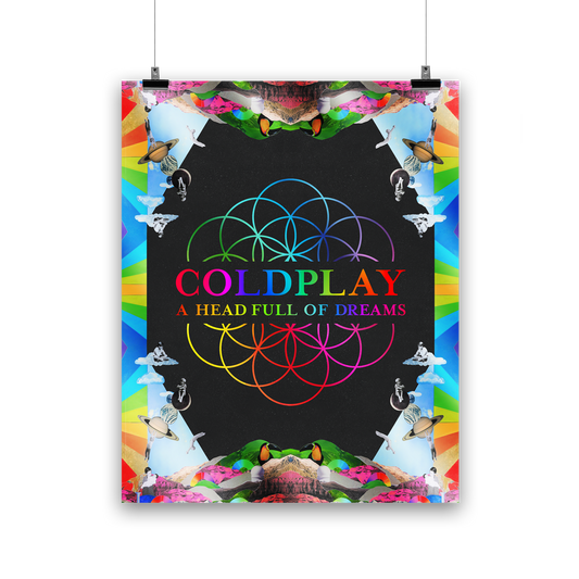The poster features the flowerOfLife in the center, with intertwined circles as blue, green, yellow, orange, pink&purple petals; the band appear as kids: Phil sits on a white fluffy☁️Chris sits on the moon, Jonny hangs from Saturn’s rings, Will jumps into a swimming pool, and Guy holds his baby brother. Mirrored mountains grace the edges. There are planets, astronauts, rainbow stripes,& a toucan with a bright yellow chest, black head&beak, and an orange face. The illustrations form a kaleidoscope