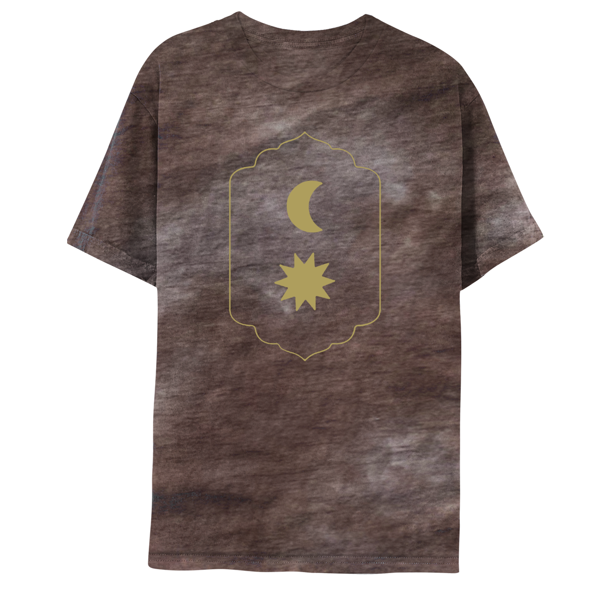 Front: Shows aGoldenCrescentMoon on top, above aGoldenStarWithSharp, elongatedPoints radiatingOutwards, like a☀️The celestial bodies are in a roundedRectangle, with aPointyTop&bottom, sides slightly curved inward. The border is aFlowingShape, with slightPeaks, like a medieval shieldDecor. TheShirtIs brown tie-dye, aTechniqueWhereFabricIsDyed withSmoothColorTransitions thatCreateIrregular, uniqueBrownPatterns scatteredThroughout. SomePatchesAreChocolate, lightBrown, beige, grey, whitish, orBlackish