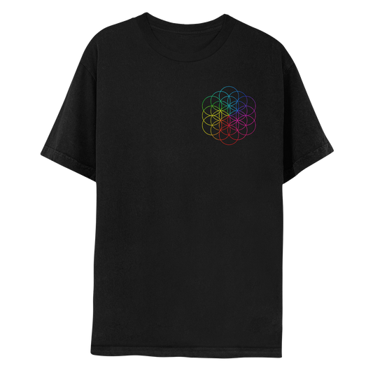 The front features the flower of life, made of intertwined neon circles as petals, in red, fuchsia, pink, lilac, purple, blue, green, yellow&orange. This color mix matches the theme of the album title, printed vertically on the back. The flower of life is on the chest’s left side. The shirt is black