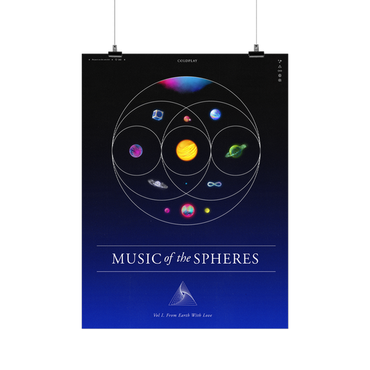 11planetsInCirclesOverlapLikeVennDiagram: pink,Blue,Green&purpleNebula. GreenPlanetOfFlowers,TurquoiseRivers&foliage💍goldenSphereOfSolarFlares&FieryOrangeLava. PlanetOfDarkBlue,Magenta&whiteOceanWaves;BlueCircuitBoardPlanetIn silverCube;1ofPurple&indigoSwirls.1as aPurple,Blue&green♾️Blue&purplePlanet;PinkSphereWithOrangeCrater&greenMoon;BlueOpalWith💍&pink,Blue,Purple&greenPlanetWithPink&yellowNeonMoons. CoverFadesFromBlackToBlue. TextReads: COLDPLAY; MUSIC OF THE SPHERES;Vol 1;FROM EARTH WITH LOVE
