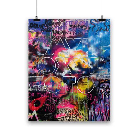 GraffitiWall with darkGreen,  neonYellow, red, blue, purple, beige&orangePatches. A cloudLikeCollection of white, yellow, orange, brightPink&magenta looks like aHeartHadOnce beenThere. On a lightBlueSplotch is anOutline of a🦋in darkBlue. UP WITH THE BIRDS is writtenNear. We see a lightPink&darkBlueSection withWhiteBehindIt. RainbowColoredBlobs, butDuller. WhiteStripes. A darkRed👁️like a teardrop. A letter M like a⛰️in lightBlue, yellow&pink. MYLO XYLOTO written inChunky, silverOutline sprayLetters