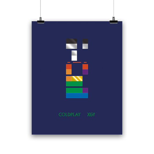 Multicolored blocks, like a puzzle of domino pieces, signify binary code. A square means 1; a gap means 0. When decoded, it reads X&Y. Below, X&Y and Coldplay are written in bright green. Colors of the blocks include Black, gray, red, orange, green, white, blue, yellow and violet, on a dark blue background