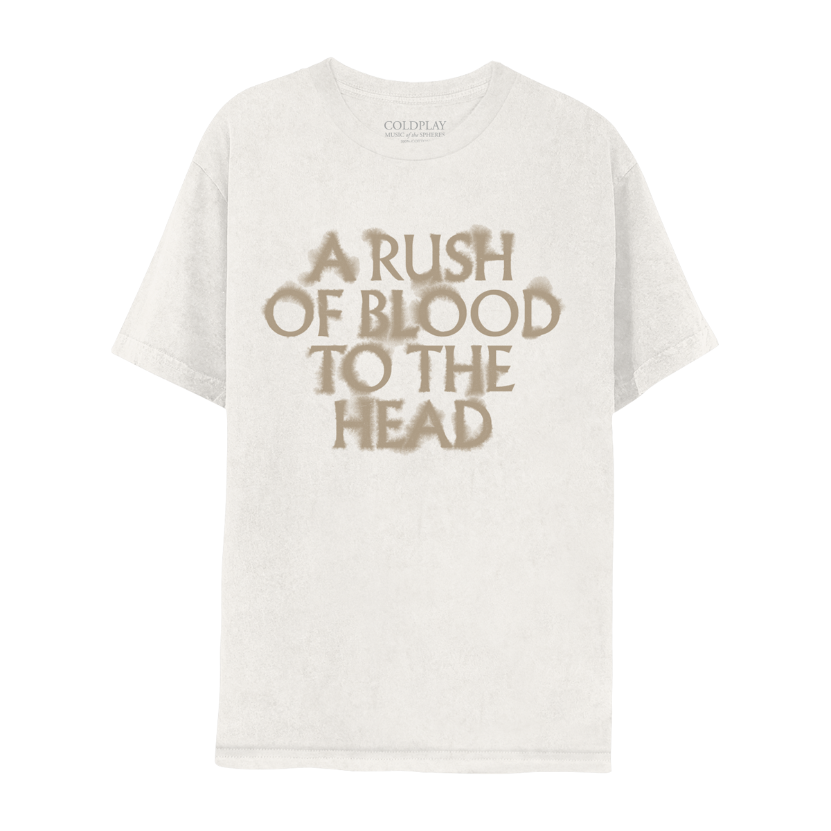 A RUSH OF BLOOD TO THE HEAD TEXT ARTWORK PRINTED ON THE FRONT OF A WHITE, 100% COTTON ADULT UNISEX T-SHIRT.