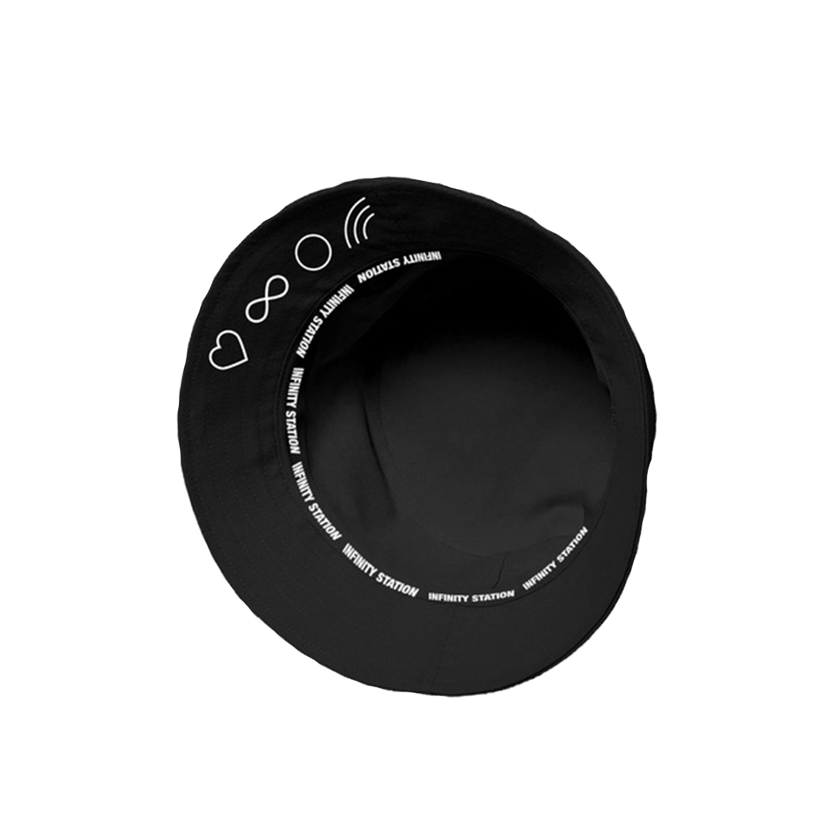 The underside of the bucket hat has “INFINITY STATION” printed around the seam which connects the hat to the brim. There are heart, infinity, circle and rainbow sym-bols large under the brim in white. The hat is black.