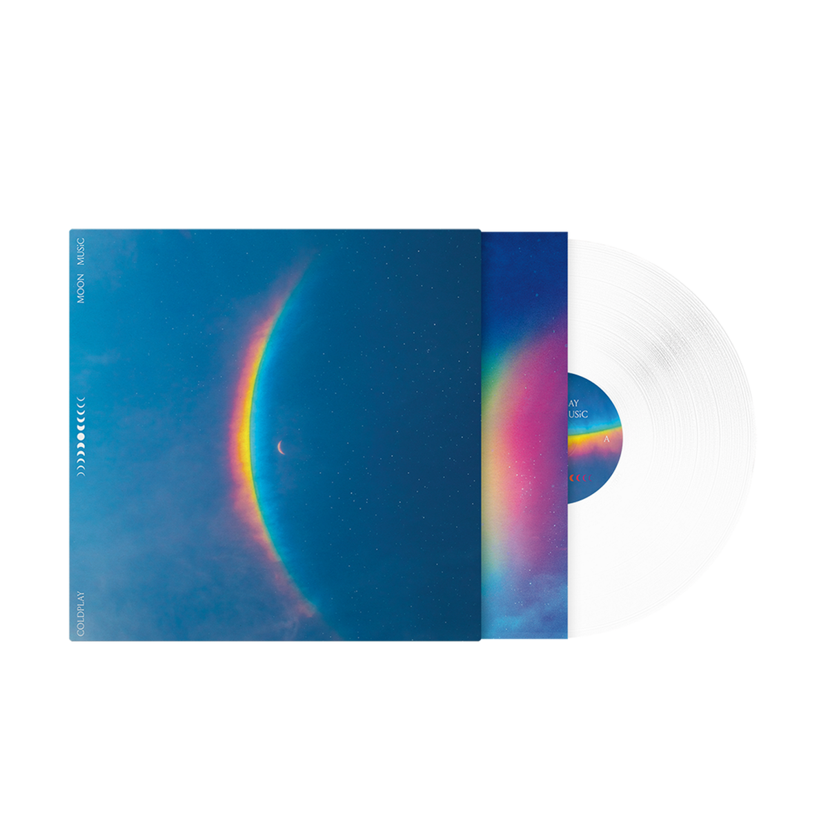 1: Vinyl record&sleeve. The artwork features a crescent moon in the center, with a large, arced rainbow light dispersion to the left. The colors created by the light dispersion flow from red to orange, yellow, green, light&dark blue, on a blue sky filled with stars. In white, Moon Music&Coldplay are written. An11face moon cycle is arranged vertically from🌒to🌕in the center, back to🌘The record center label mirrors the artwork colors, in a radiant spectrum of blue, pink, purple, yellow&green shades.