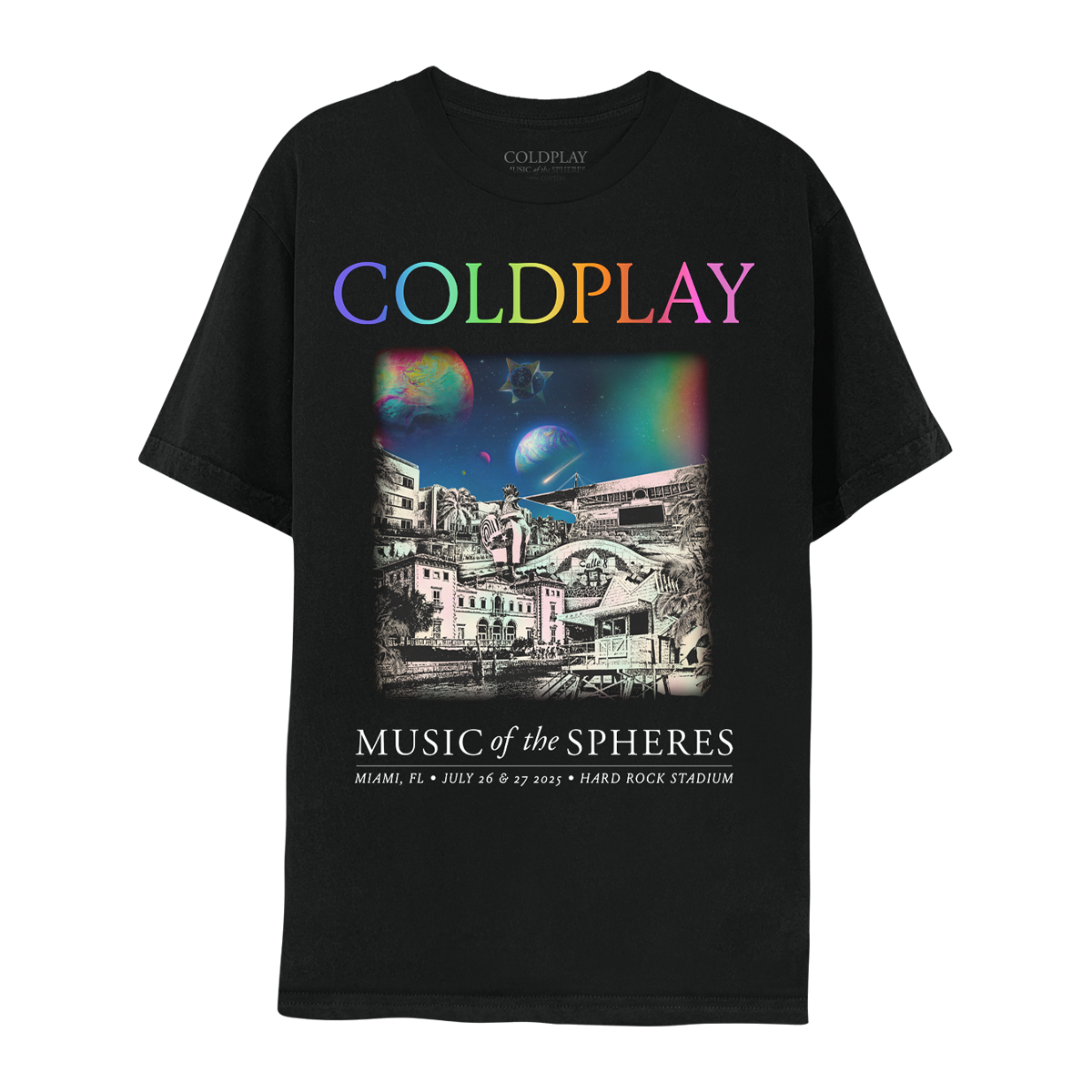 Front: The spheres,🌘&🌈on starry night sky above city landmarks: Calle Ocho/Little Havana’s walk of fame&roosters dressed as farmers, carpenters&doctors. Vizcaya Museum&Gardens with swimming pool, orchids,⛲️&terrace by the ocean. Ocean Drives hotels&restaurants. Freedom Tower. Cape Florida Lighthouse. Hard Rock🏟️Miami Beach of white sand&turquoise water. A🤍♾️○&🌈adorn a lifeguard hut. COLDPLAY written in neon tones. MUSIC OF THE SPHERES, dates&venue