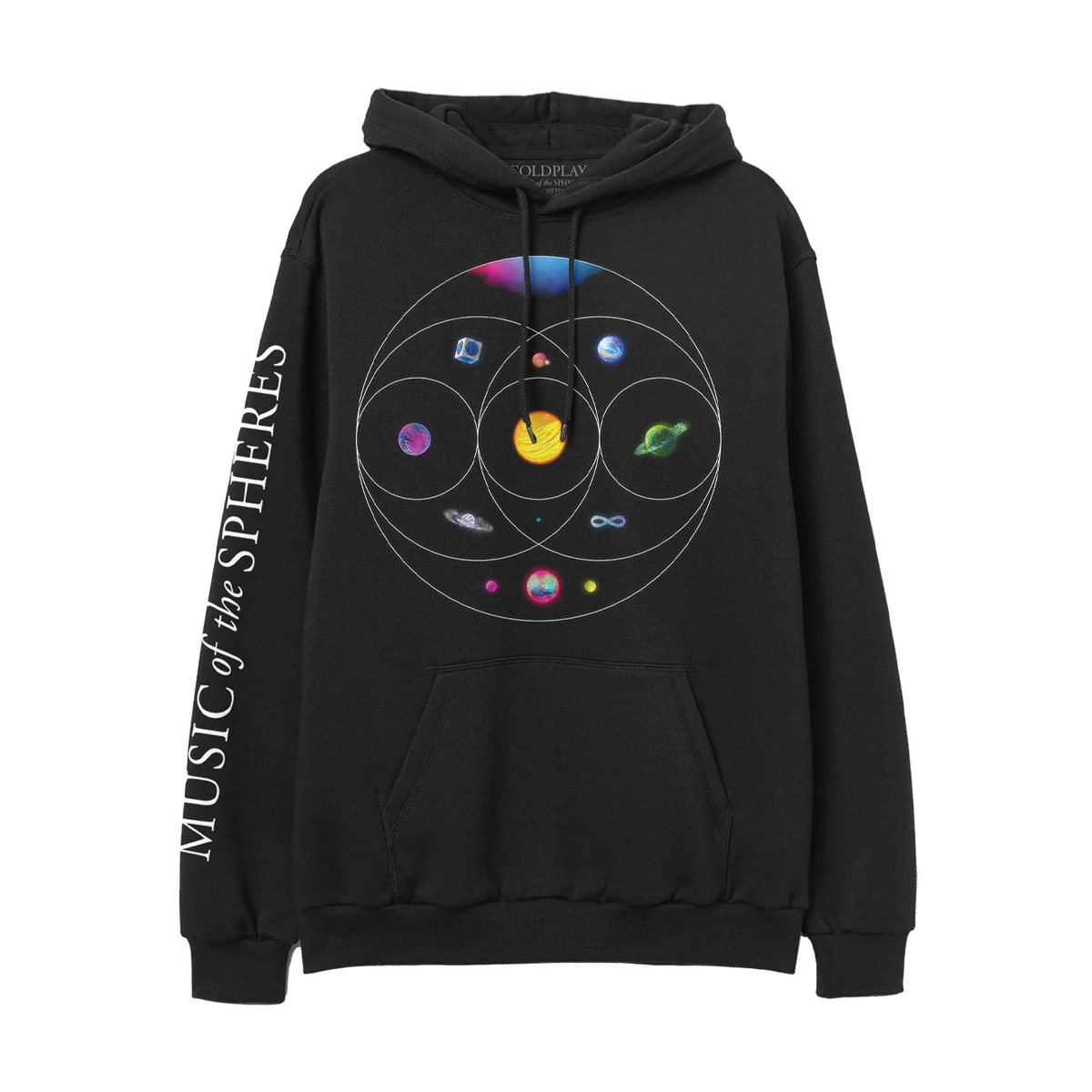 Front: 11planetsSitInsideEccentricCircles whichOverlapLike aVennDiagram: pink, blue, green&purple nebula. Green planet of flowers, turquoise rivers&foliage💍golden star-like sphere, with solar flares&Orange lava. Planet of darkBlue, magenta&white ocean waves. Blue circuit board planet in shinySilver cube. One of purple&indigo swirls. One as a purple, blue&green♾️Blue&purple planet. Pink sphere with orange crater&green moon. Blue opal with💍&pink, blue, purple&green planet with pink&yellow neon moons