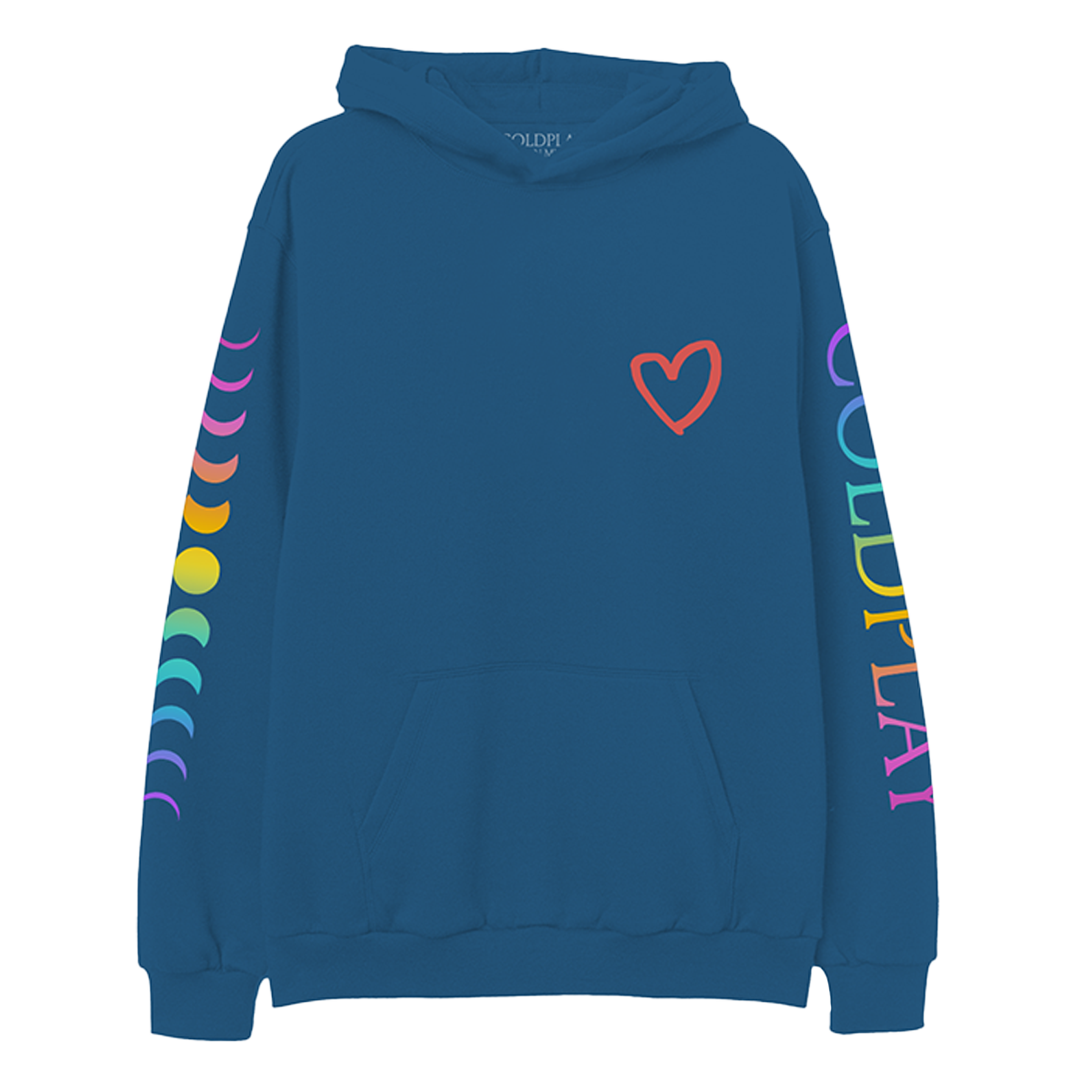 Front: A red hand-drawn heart is printed on the chest of a blue hoodie with front pocket. COLDPLAY is printed vertically on left sleeve. C is purple, O light blue, L is green, D green to yellow, P is orange, L dark orange, A pink, Y is fuchsia. An 11-phase lunar cycle is printed vertically on the right sleeve. The moons are fuchsia, orange, yellow, green, blue and lilac.