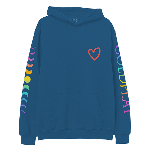 Front: A red hand-drawn heart is printed on the chest of a blue hoodie with front pocket. COLDPLAY is printed vertically on left sleeve. C is purple, O light blue, L is green, D green to yellow, P is orange, L dark orange, A pink, Y is fuchsia. An 11-phase lunar cycle is printed vertically on the right sleeve. The moons are fuchsia, orange, yellow, green, blue and lilac.